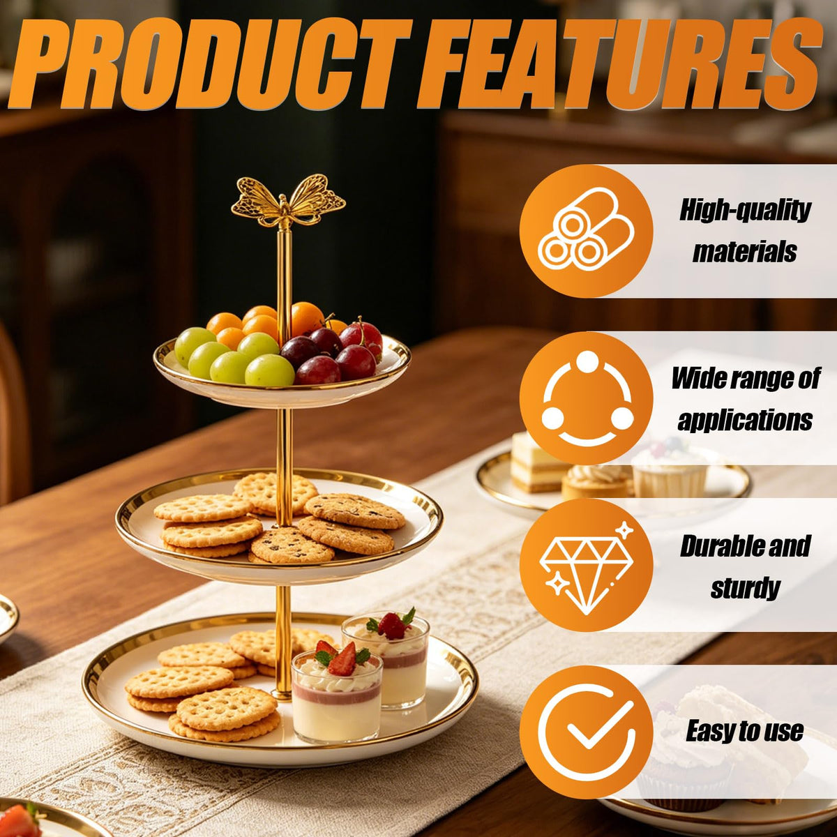 3 Sets of Zinc Alloy Cake Stand Hardware, Heavy Duty 3 Tiered Tray Hardware Kit, Butterfly Cake Plate Stand Handle Stacking Fittings Rod for Serving Dessert Cupcake Fruit Holder (Gold) Gold