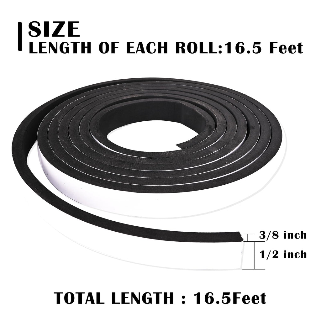 Black Foam Insulation Tape with Self-Adhesive Backing,Closed Cell Foam Weatherstripping 1/2 inch Wide x 3/8 inch Thick,Soundproofing Door Weather Seal Strip for Door and AC Window Seal,High Denisty 1/2 In wide x 3/8 In thick x 16Ft