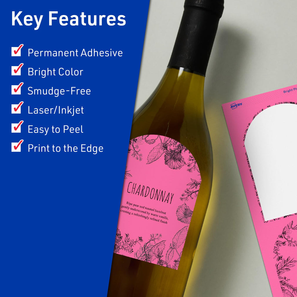 Avery® Printable Arched Labels, Sure Feed® Technology, 4-3/4" x 3-1/2", Bright Pink Labels, Print-to-The-Edge, Laser/Inkjet Printable, 80 Total, Great for Shipping and Wine Bottles 80 labels