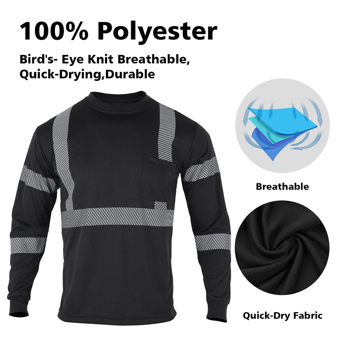 VENDACE Safety Reflective High Visibility Long Sleeve Shirts ANSI Class 3 Hi Vis Construction Work T Shirts for Men Large Black