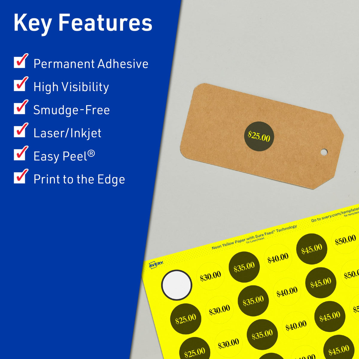 Avery Printable Round Labels, Sure Feed Technology, 1-1/4" Diameter, Neon Yellow Labels, Print-to-the-Edge, Laser/Inkjet, 600 Total, Great for Price Stickers and Mailing Seals 600 labels