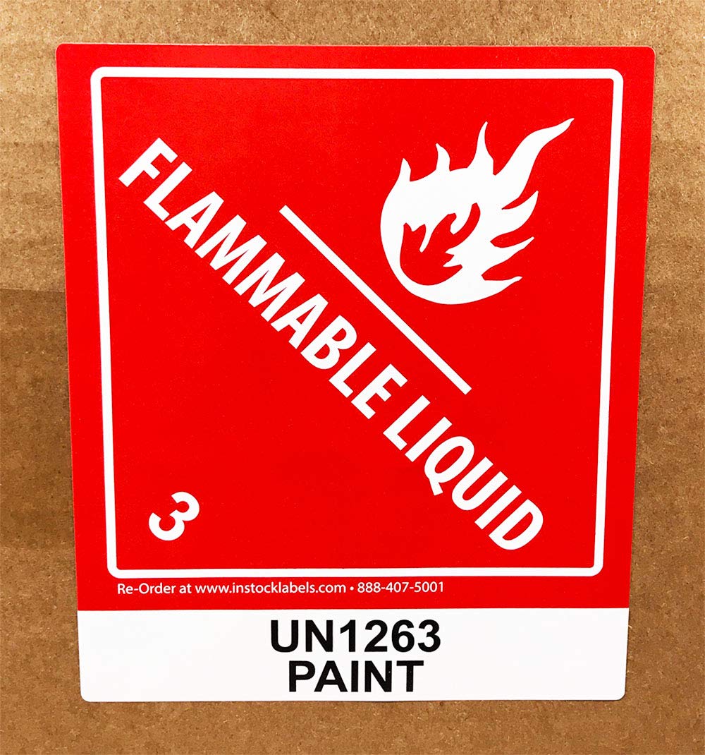Red and white Hazard Class 3 flammable liquid labels, 4x4.75 inches, adhesive hazard stickers on a roll, made in the USA.