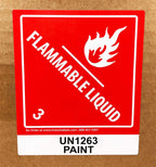 Red and white Hazard Class 3 flammable liquid labels, 4x4.75 inches, adhesive hazard stickers on a roll, made in the USA.
