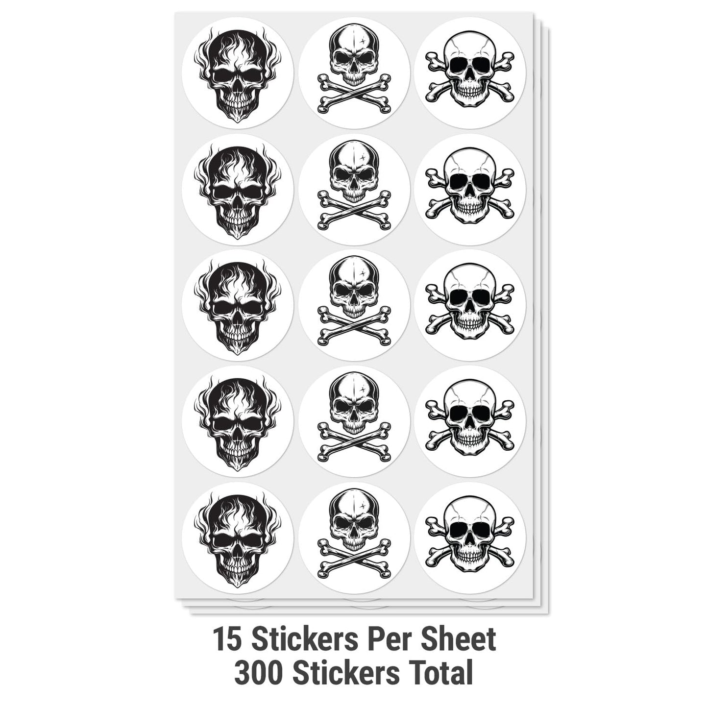 2 inch, Circle Dot Labels, Skull & Bones Stickers - Flaming Skull Stickers - 3X Different Designs (300 Labels, Black & White) 300 Labels