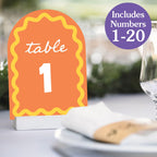 Big Dot of Happiness Orange and Yellow Wavy Table Numbers, Retro Wedding or Birthday Party Decor Centerpieces, Double-Sided 5 x 7 inches Cards, Table Numbers - 1-20