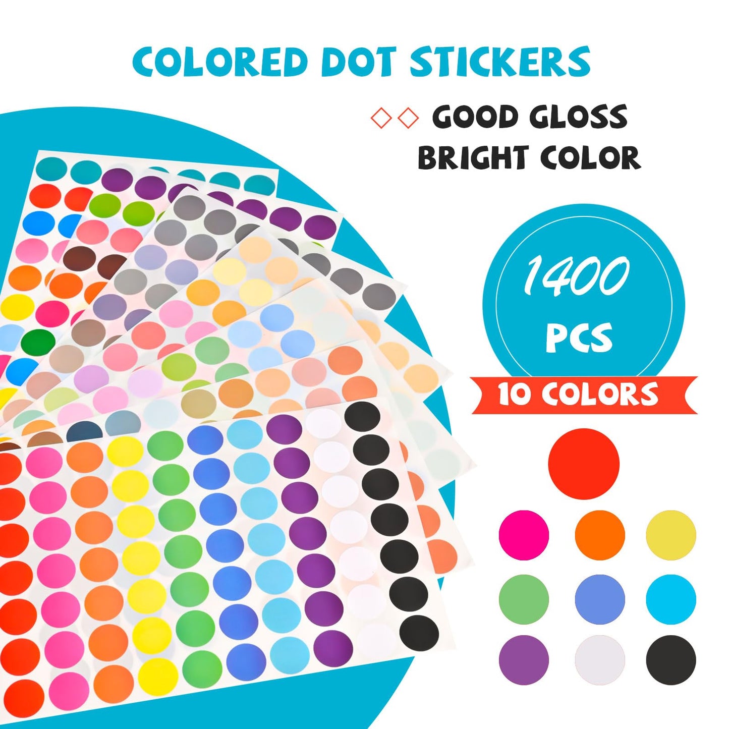 1400 PCS Colored Dot Stickers, Round Color Coding Labels, 10 Bright Colors, 20 Sheets
