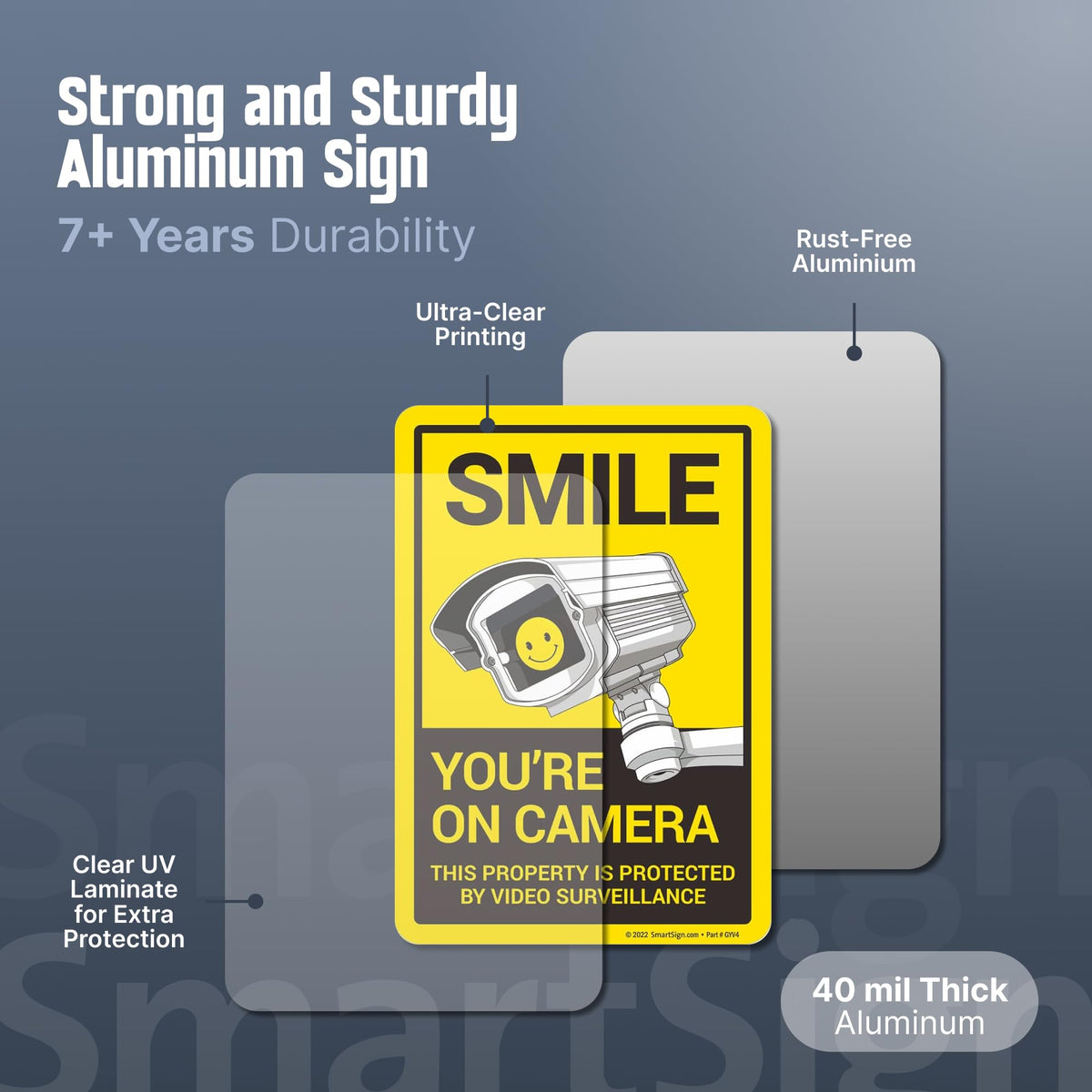 SmartSign 10x7 inch “Smile You’re On Camera, This Property Is Protected By Video Surveillance” Yard Sign with 18 inch Stake, 40 mil Aluminum, Laminated Engineer Grade Reflective, Multicolor, Set of 1