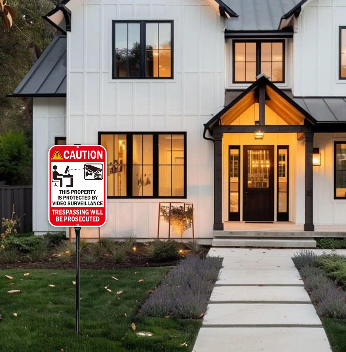 2-Pack Video Surveillance Sign with 35-Inch Metal Stakes, 14x10 Inches Security Warning Signs, 24 Hour CCTV Monitoring, No Trespassing Property Protection Red - 2pack with Stake