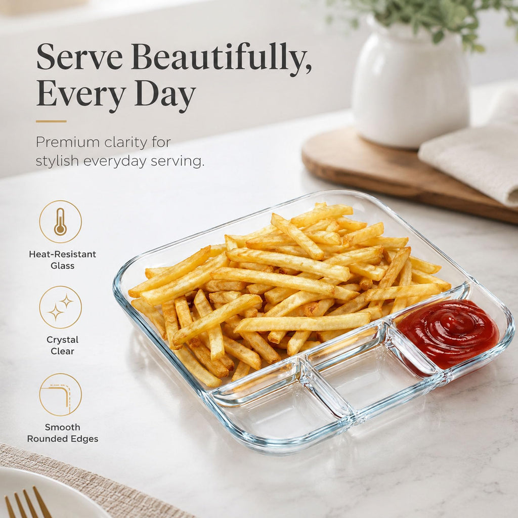 Glass Chips and Dip Serving Dish, Square Divided Appetizer Tray