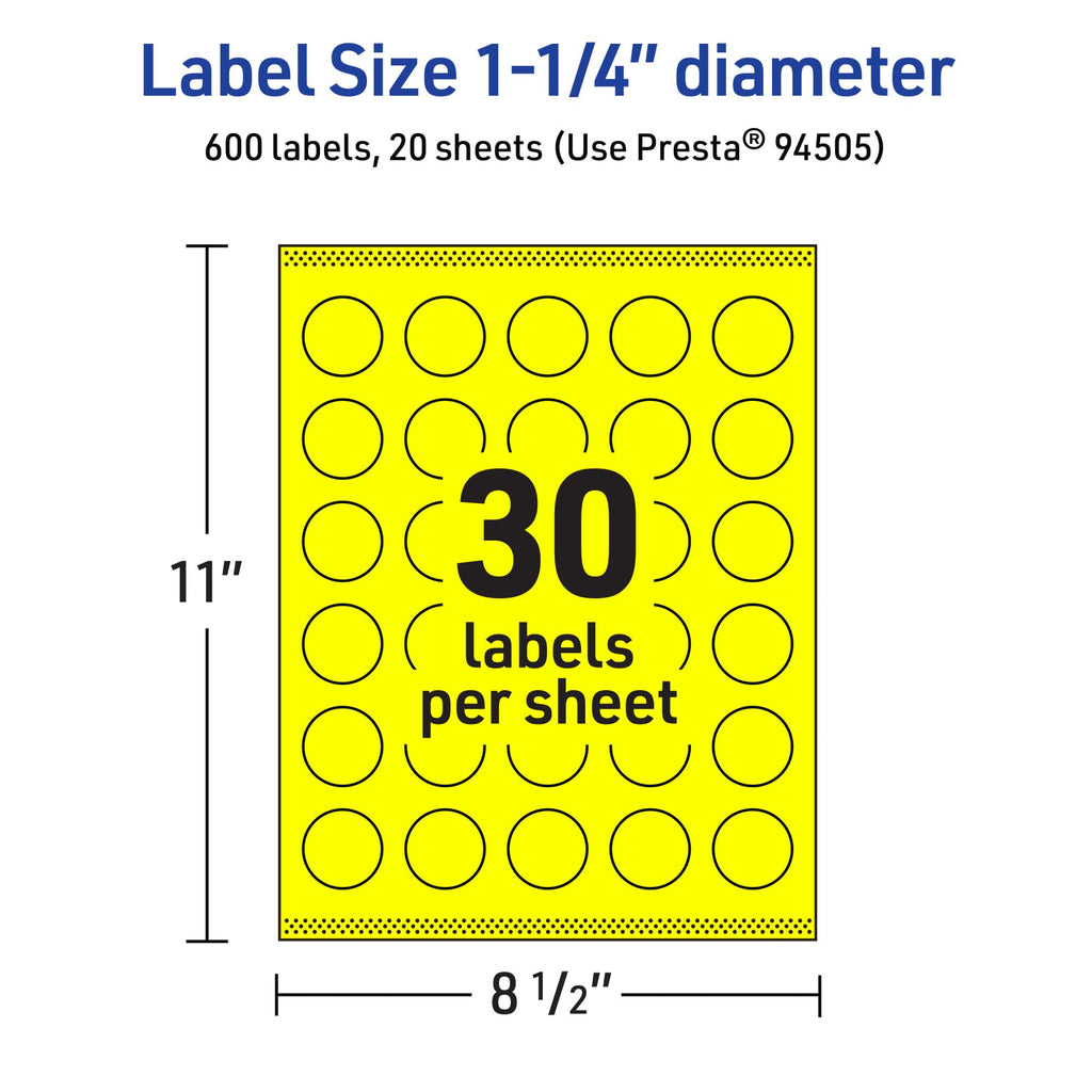 Avery Printable Round Labels, Sure Feed Technology, 1-1/4" Diameter, Neon Yellow Labels, Print-to-the-Edge, Laser/Inkjet, 600 Total, Great for Price Stickers and Mailing Seals 600 labels