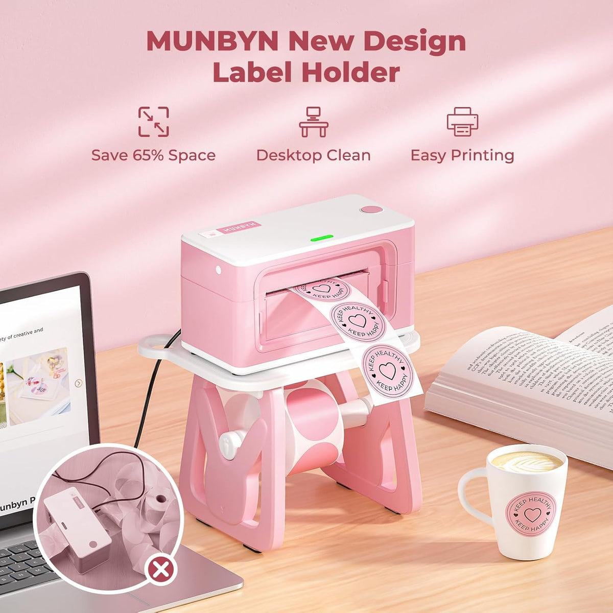 MUNBYN Thermal Label Holder for Rolls and Fanfold Labels White and Pink