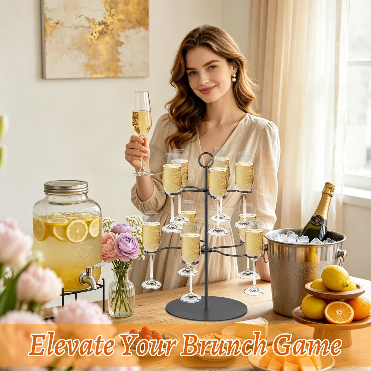 Cocktail Tree Stand for Parties Brunch,2 Tiers 10 Holders Drink tower Wine Glass Holder Stand,Champagne Tower Martinis Tree,Wine Glasses Display Margarita tower Drink stand for Mimosa Bar Party Bridal Matte black-two tier