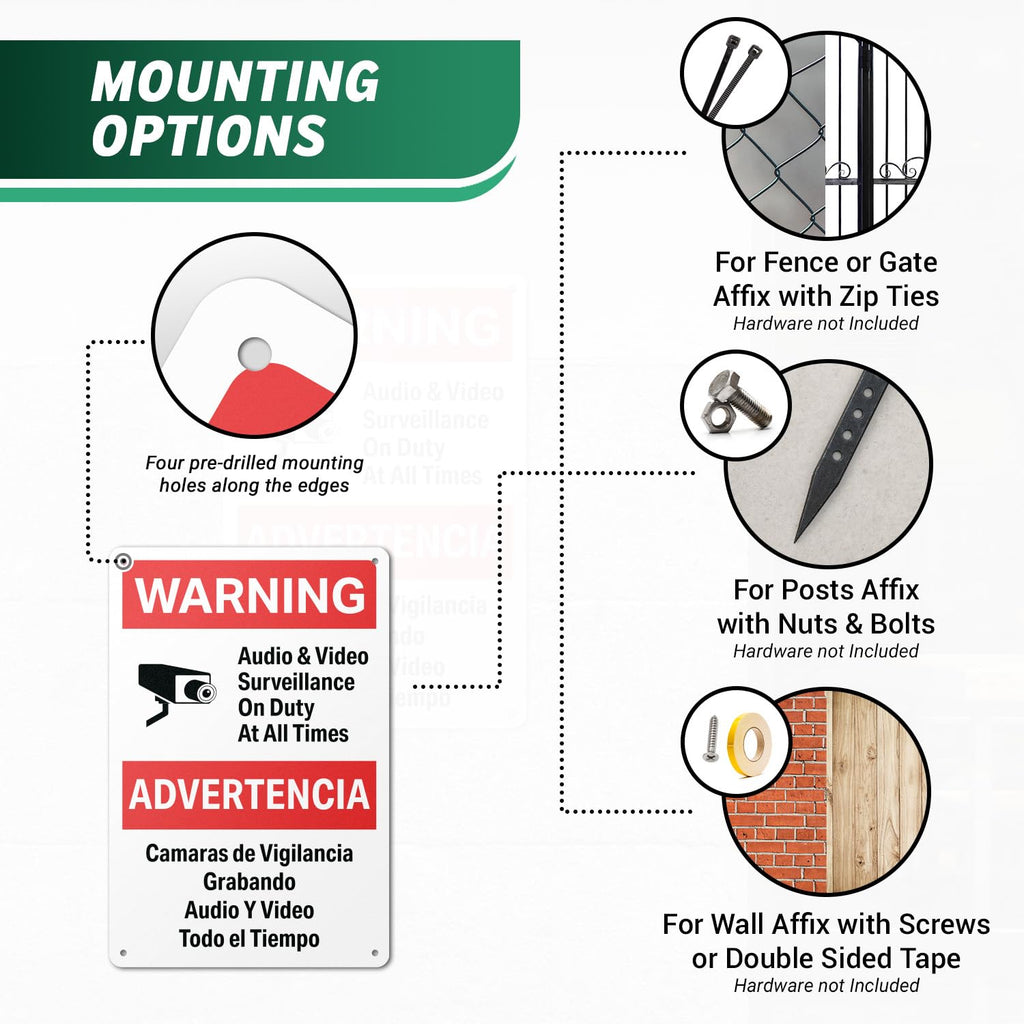 "Warning: Audio & Video Surveillance on Duty at All Times" Sign in English and Spanish for Private Properties - 8" x 12" Aluminum, 4 Pack Warning: Audio & Video Surveillance