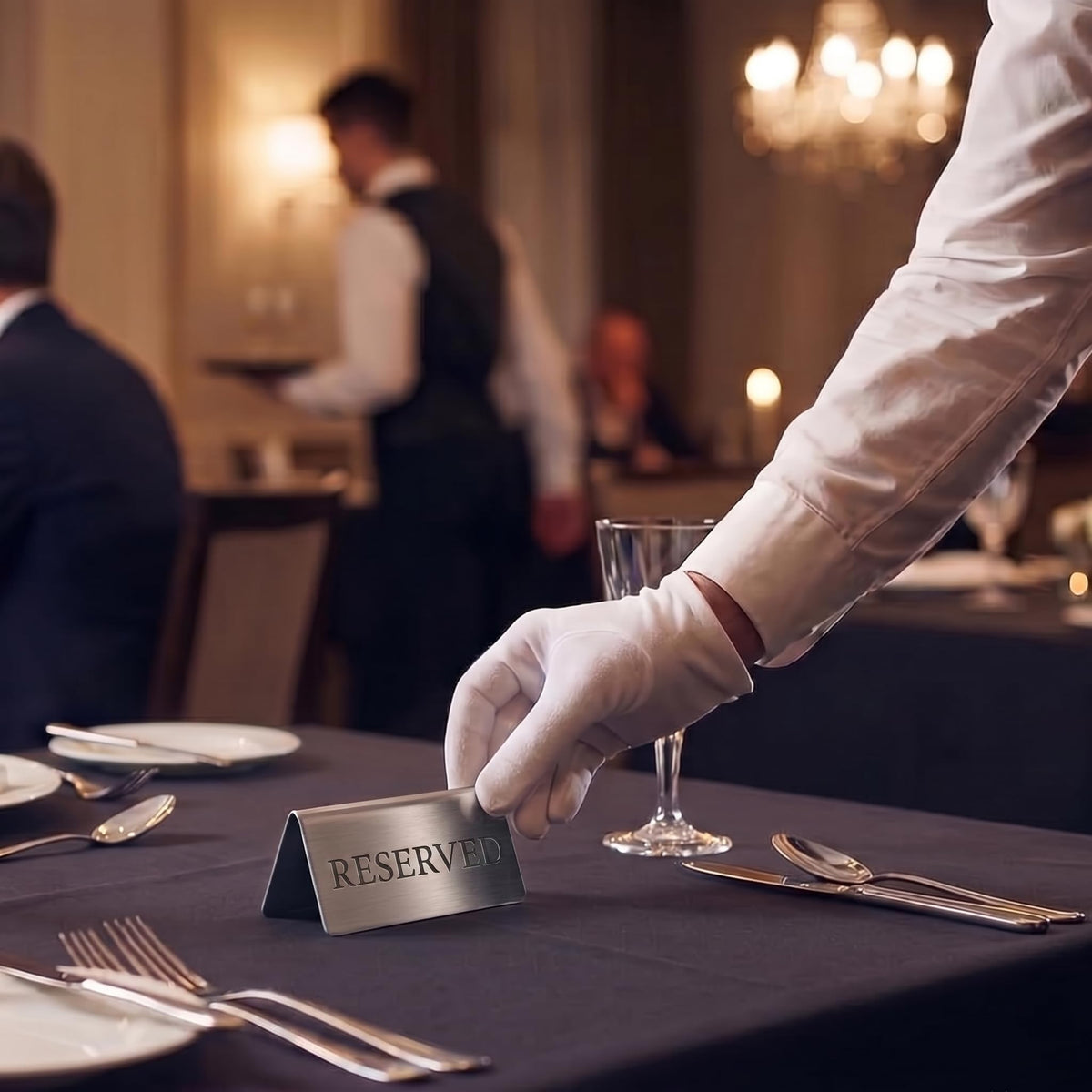 Reserved Table Signs Set of 6 - Heavy Stainless Steel Table Reservation Plates - Durable, Stackable and Waterproof Metal Signs for Restaurants, Hotels, Bars, Cafés, Weddings and Events Design 2