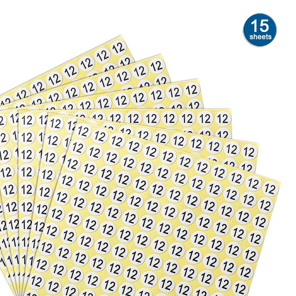 dealzEpic Number 12 round self-adhesive stickers for labeling, shown in a set of 15 sheets with clear numbering, ideal for storage.