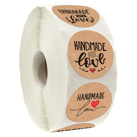 Handmade with Love Stickers, Handmade Packaging, Homemade with Love Stickers, Baked with Love Stickers, 6 Different Designs, 1.4 Inches, 500 Adhesive Labels Per Roll.