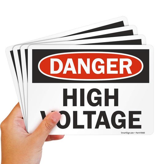 SmartSign (Pack of 4) 5 x7 inch “Danger - High Voltage” OSHA Sticker Labels, 5 mil Laminated Polyester with SuperStick Adhesive, Red, Black and White, Made in USA 5" x 7" SuperStick Label (Pack of 4)