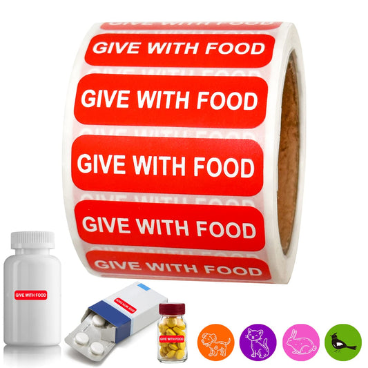 Give with Food-Veterinary Labels/Stickers, 1.5 x 0.43 inch Medication Instruction Labels for Medical Containers Pharmacies Hospitals for Drugstor Management, 500 Labels per roll (Red) Red