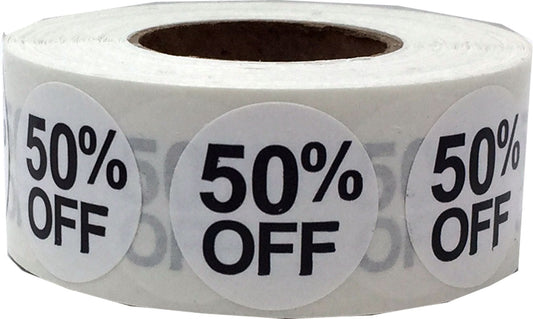 White 50% Percent Off Stickers for Retail 0.75 Inch 500 Adhesive Labels