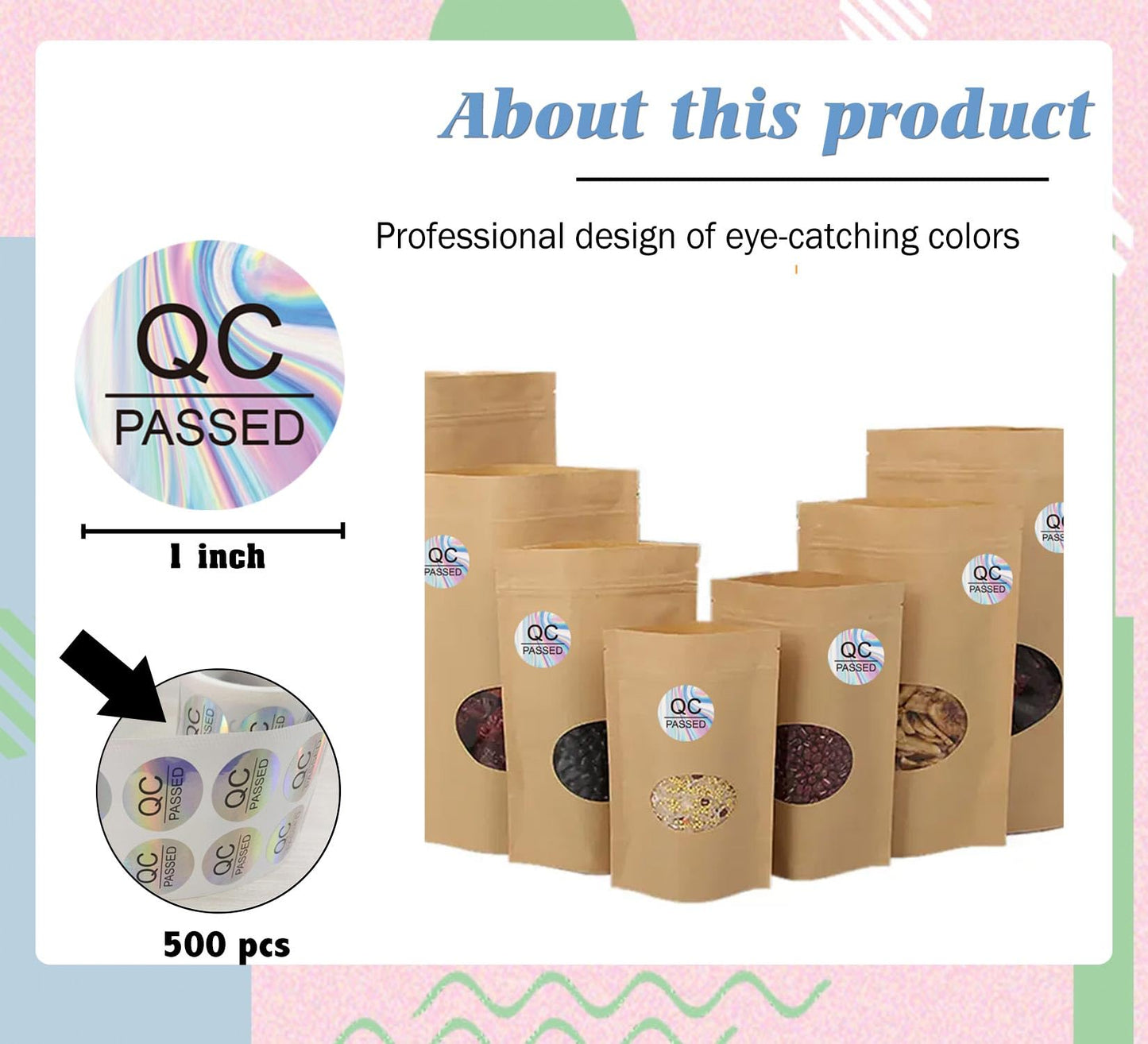 QC Passed Stickers 1" 500 Pcs Hologram QC Pass Stickers for Warehouse Inventory Quality Control Check Tested Pass Approval Holo 1 inch