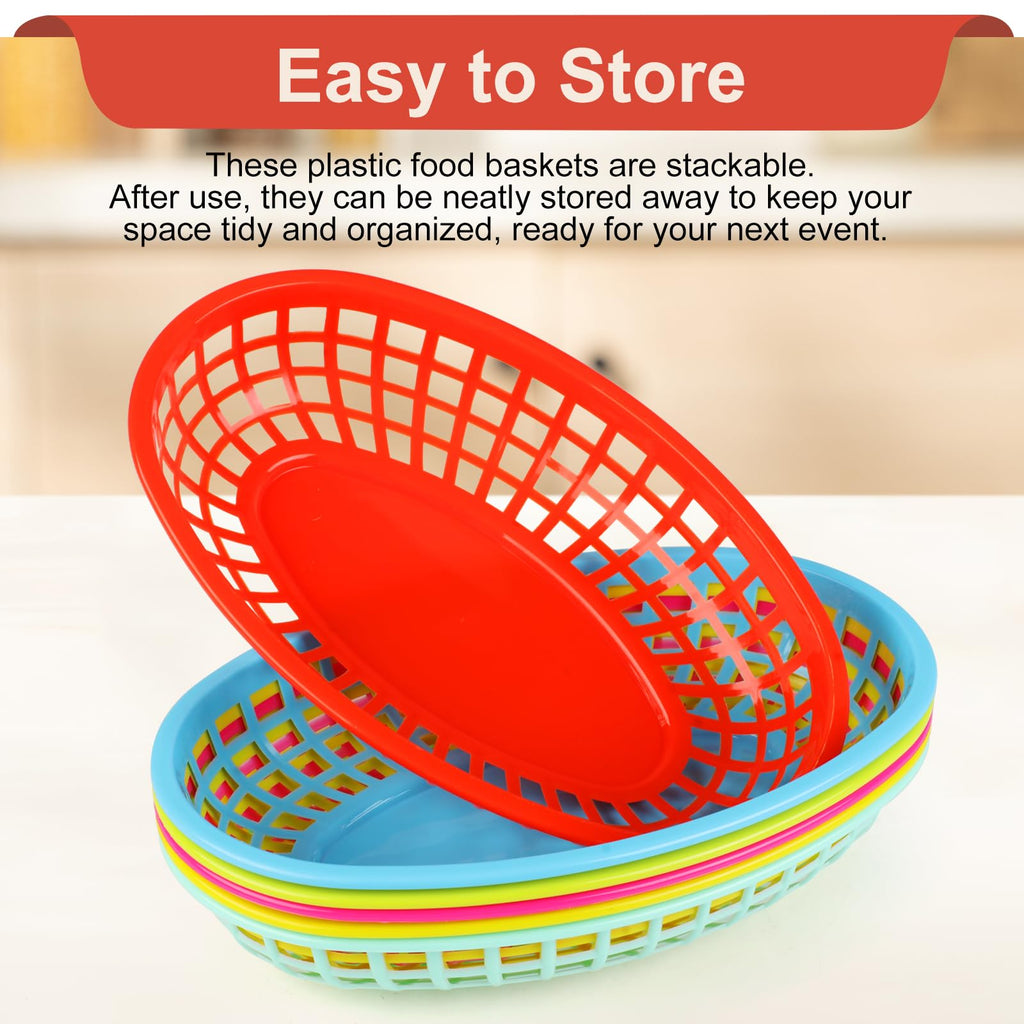 Ninsula Fast Food Baskets 6 Pack, Reusable Colorful Plastic Food Baskets, Oval 6.1 x 9.6 Inch Serving Basket for Food, Burgers, Fries, Sweets, Crisps, Picnics, Parties and BBQ