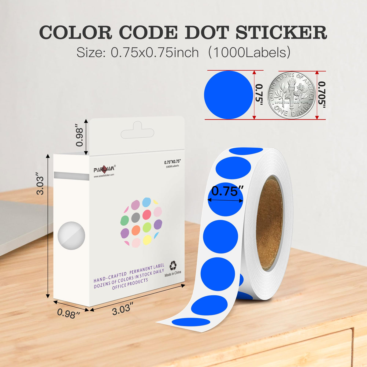 Blue PARLAIM 3/4" round circle labels in a pack of 1000, ideal for office and classroom color-coding and organization.