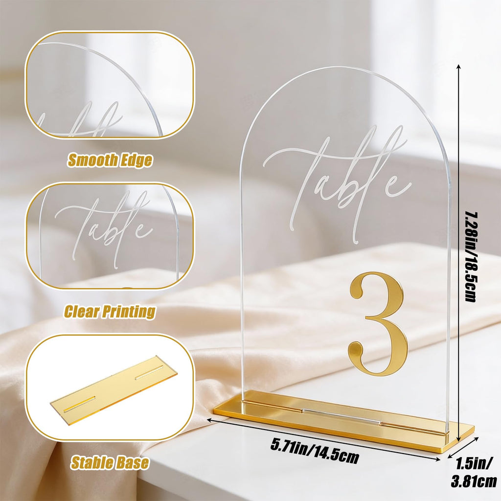12Pcs Arch Wedding Table Numbers 1-12 with Stands, 5.5" X 7.2" Gold Table Numbers Elegant Clear Acrylic Tables Number with Golden Text for Wedding Reception, Anniversary, Banquet, and Event Decor