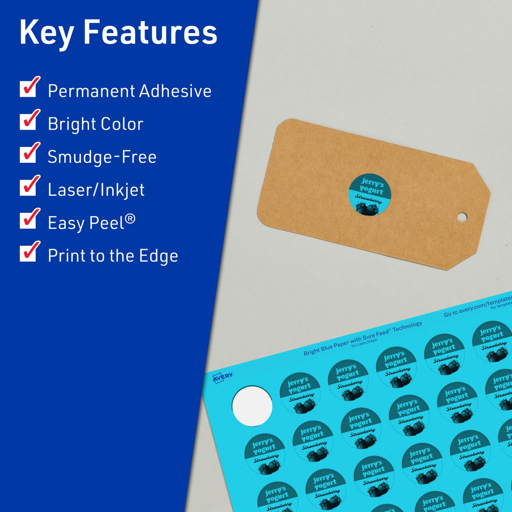 Avery® Printable Round Labels, Sure Feed® Technology, 1-1/4" Diameter, Bright Blue Labels, Print-to-the-Edge, Laser/Inkjet, 600 Total, Great for Price Stickers and Mailing Seals 600 labels