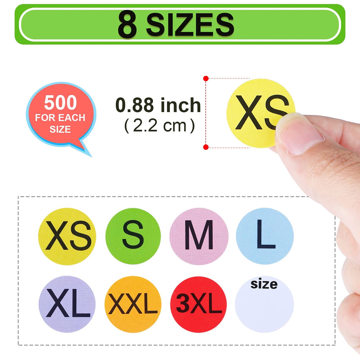 Elcoho 4000 Pieces Round Color Size Sticker Labels Self-Adhesive Clothing Size Stickers 8 Rolls 7 Sizes and One Roll Blank Size for Clothing