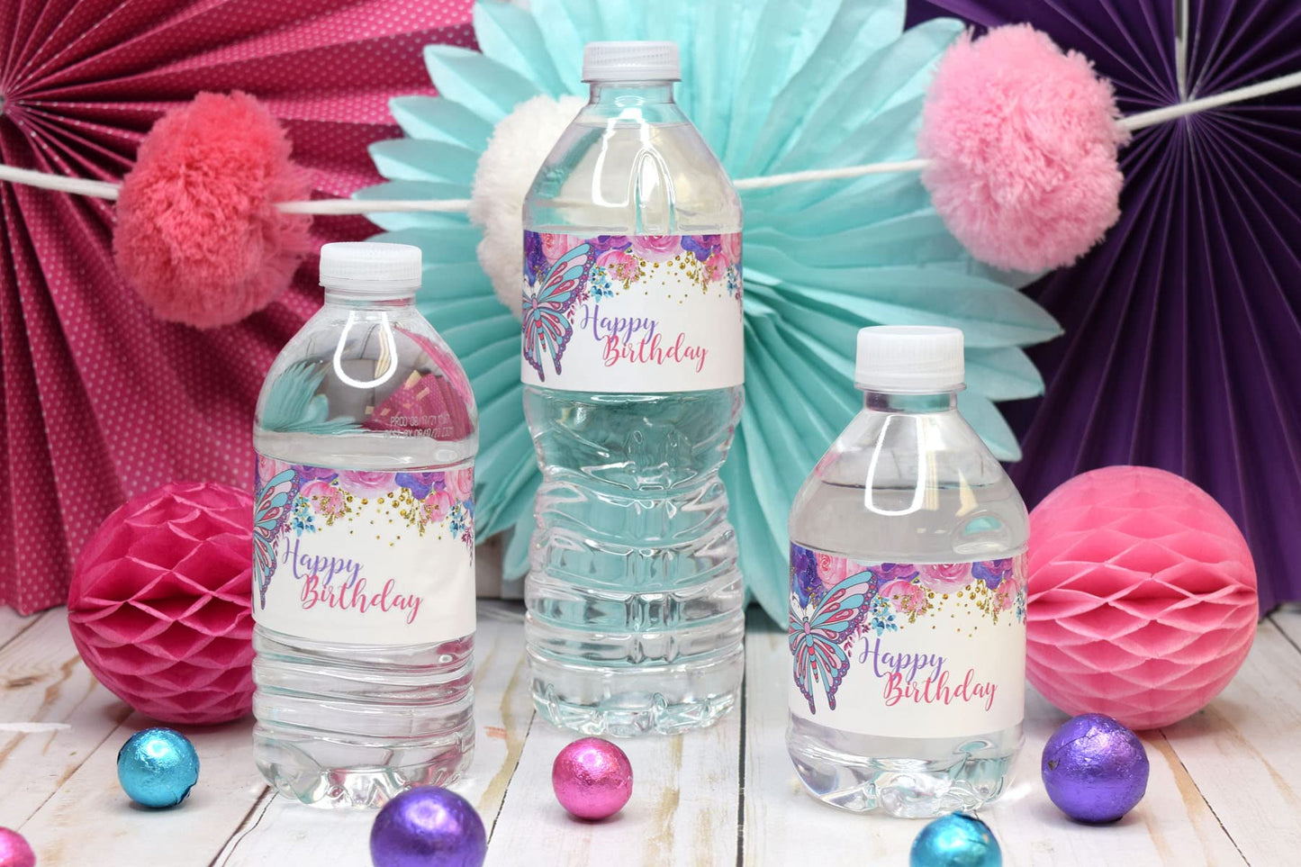 Floral Watercolor Butterfly Birthday Themed Waterproof Water Bottle Sticker Wrappers 20 Wrap Around Labels Sized 1.75" x 8.5" by AmandaCreation