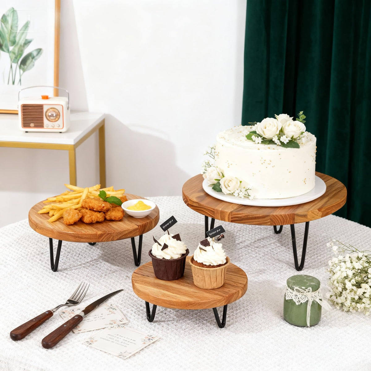 3 Pcs Buffet Risers, Wood Round Food Riser Dessert Table Display Stand Set for Party Wood Cupcake Stands Nesting Table for Home Decor (Natural) Natural