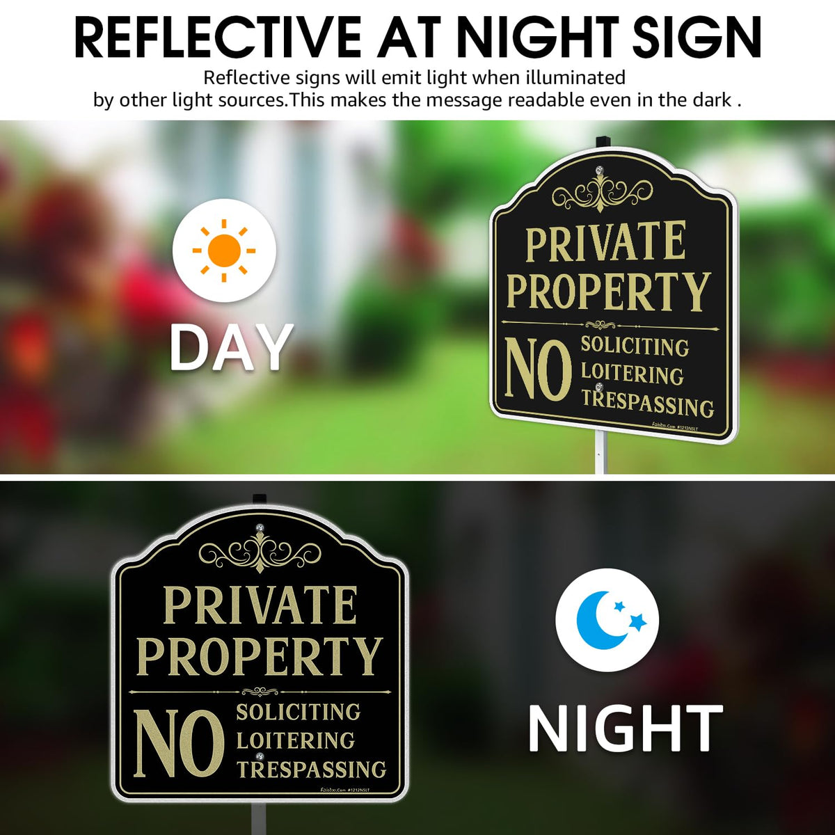 Faittoo Private Property No Soliciting Sign for House with 42" Stake, 2-Pack 12"x12" Rust Free Heavy Aluminum, Reflective, Fade Resistant, 2 Pre-drilled Holes, Includes Matching Screws & Wrench Black Gold - 2 Pack