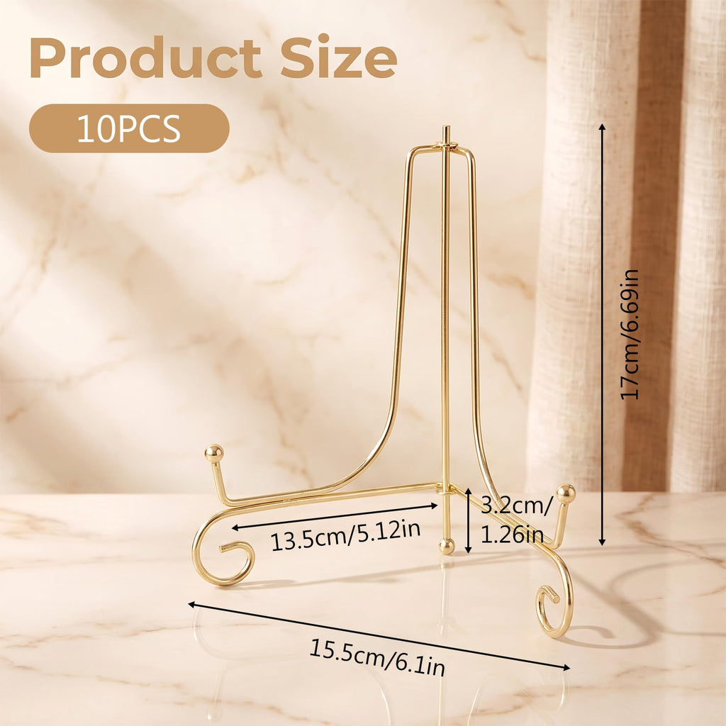 10 Pack 8 Inch Plate Stands for Display, Gold Iron Easel Holders for Photos