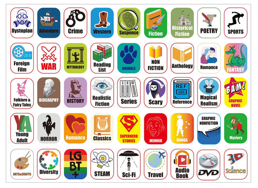 45 Genre Book Spine Labels for Library | Classroom Library Classification Stickers 450pcs Genre Labels 45 Genre 1"H x 3/4"W