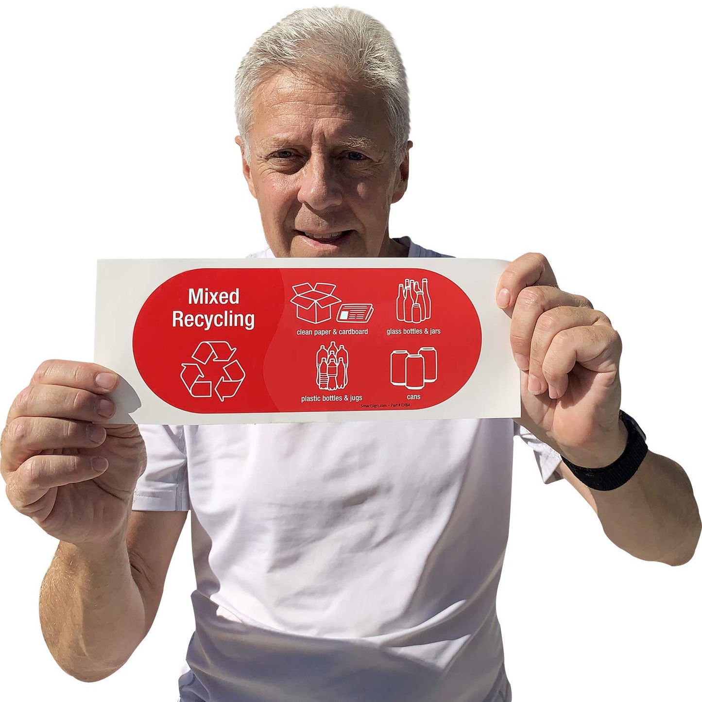 SmartSign (Pack of 4) 3.75 x 9 inch “Mixed Recycling” Sticker Labels with Symbols, 5 mil Laminated Polyester with SuperStick Adhesive, Red and White, Made in USA 3.75" X 9"_mixed Recycling