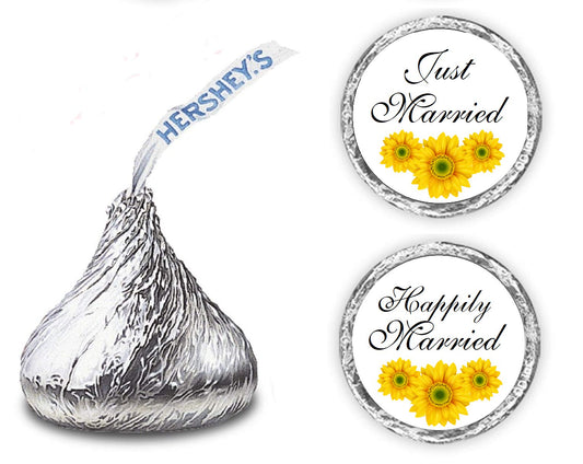 324 Sunflower Just Married Happily Married. Kisses Wedding Stickers, Floral Chocolate Drops Labels Stickers for Weddings, Bridal Shower Engagement Party Decorations. Made in USA