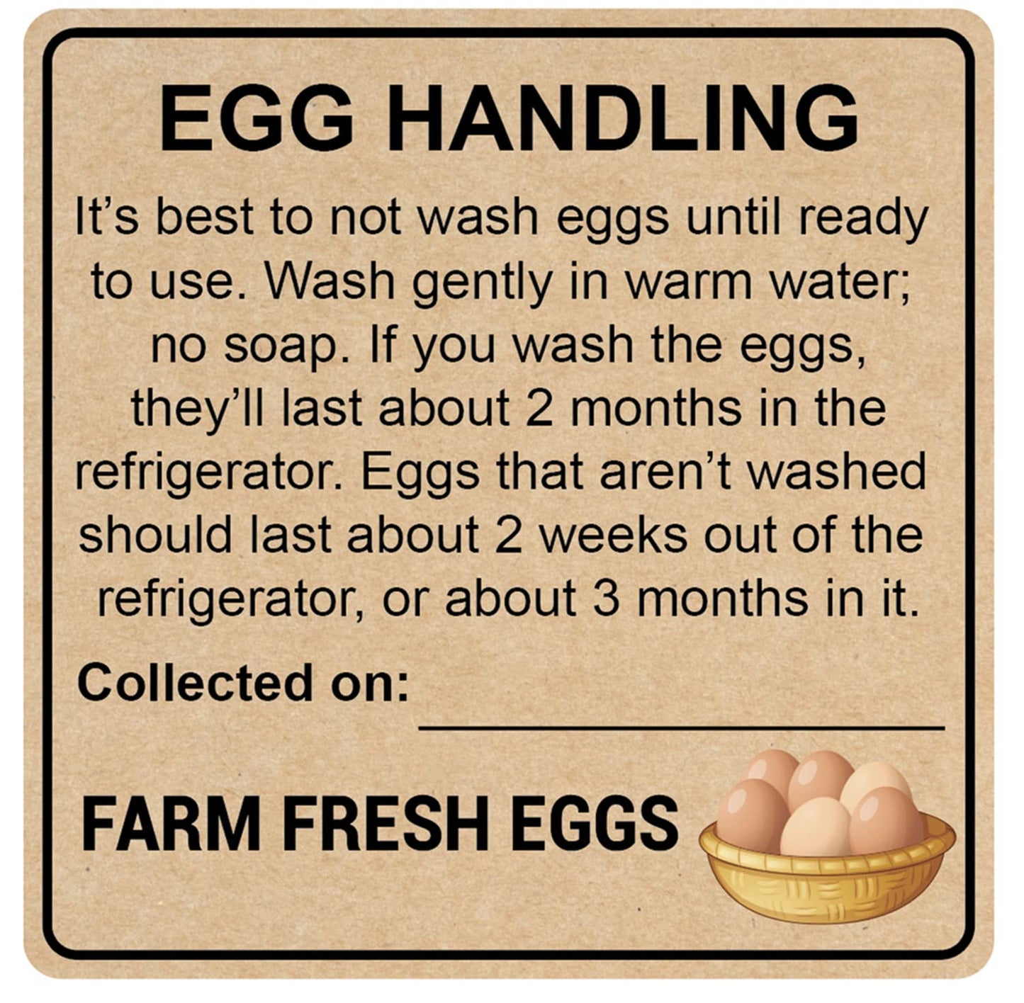 Farm Fresh Egg Handling Instruction Sticker, 2 inch, 300pcs, Kraft Paper, Brown, Removable, Easy to Write