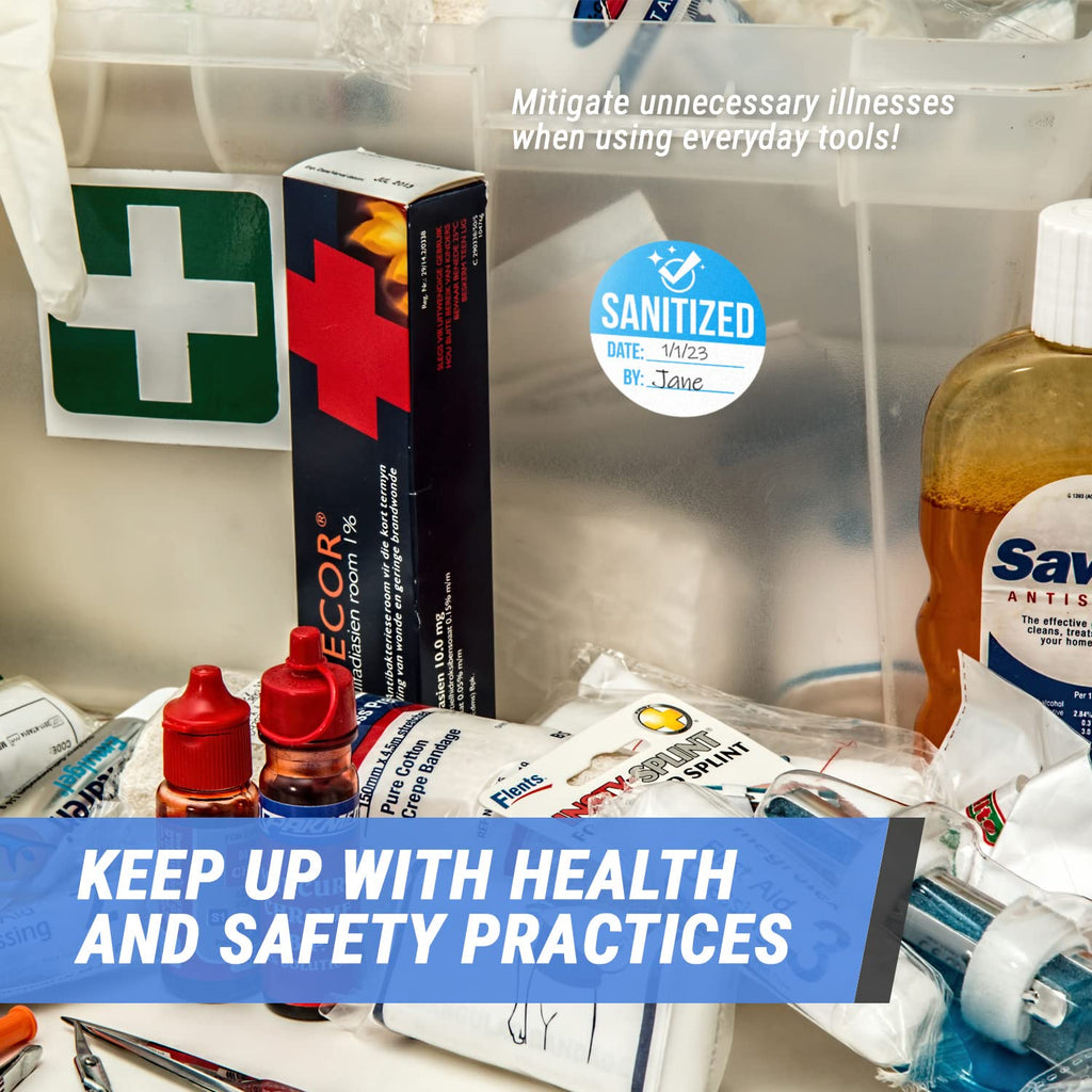 Customizable Sanitized Stickers (2 x 2 inch, Blue - 600 Labels) Sanitized Labels with Date and BY for Hotels, Rental Cars, Rental Homes, Airbnb, Restaurants, Restrooms, Bathrooms or Schools Lt Blue & White