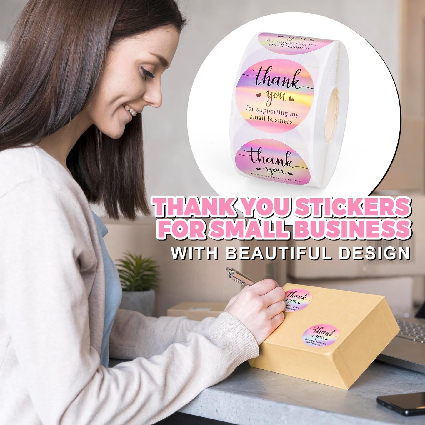 800Pcs Thank You Stickers 1.5 inch Holographic Thank You for Supporting My Small Business Stickers Pink Round Seal Sticker Iridescent Waterproof Self-Adhesive Laser Label Decals for Packaging