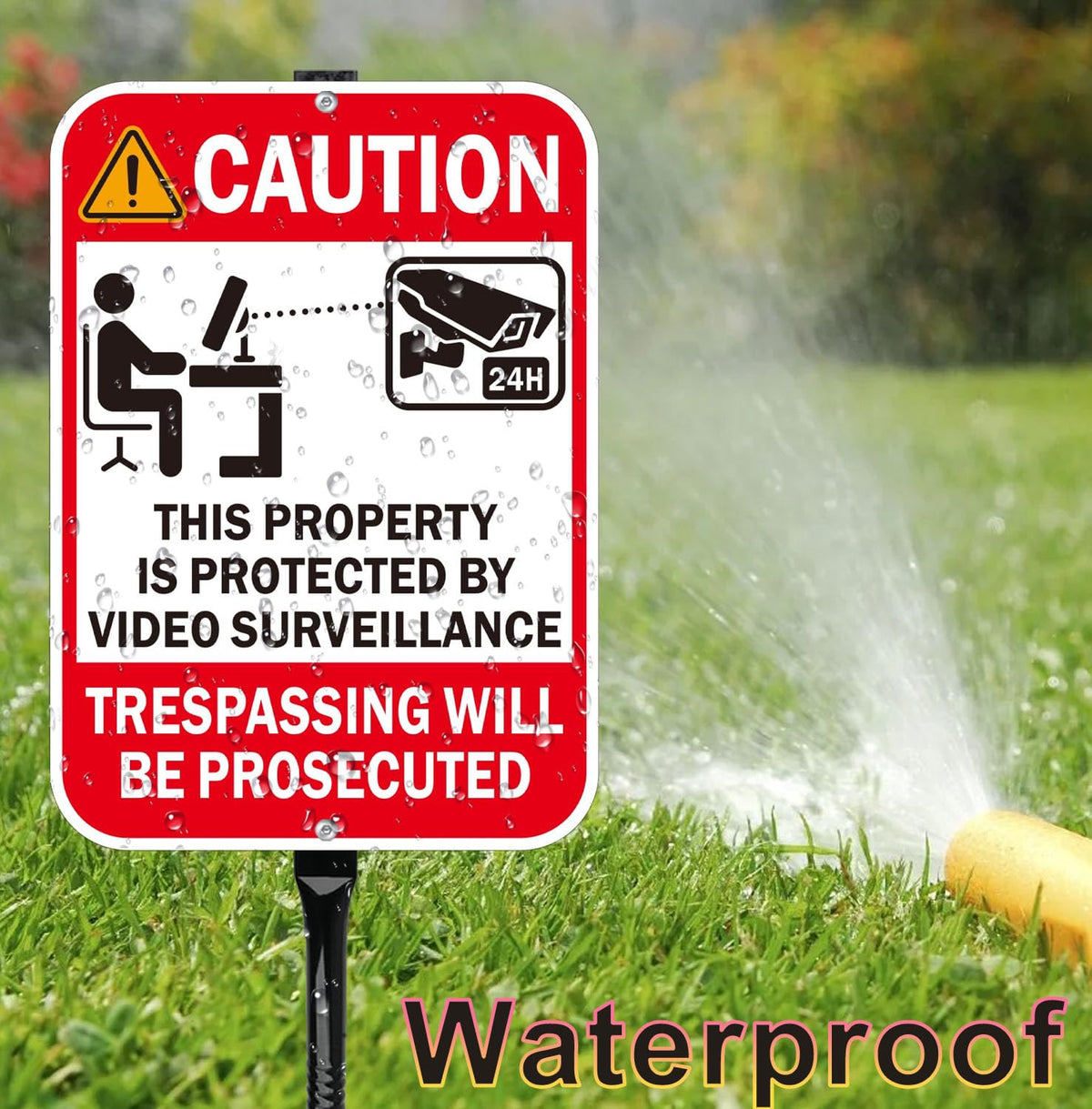 2-Pack Video Surveillance Sign with 35-Inch Metal Stakes, 14x10 Inches Security Warning Signs, 24 Hour CCTV Monitoring, No Trespassing Property Protection Red - 2pack with Stake