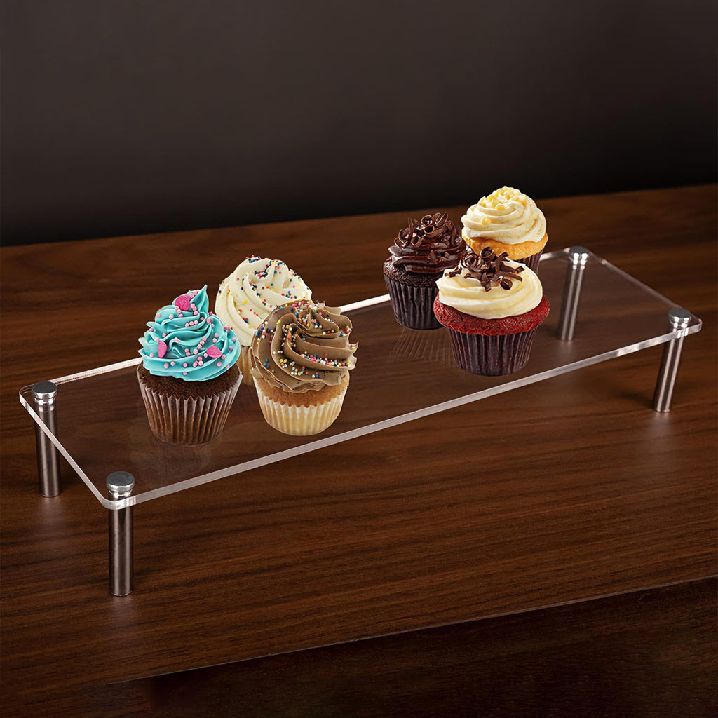 Acrylic Display Risers Clear Rectangular Stands with Metal Support Posts for Cake Stand Styling Countertop Tiered Organizer Small Size Transparent One Piece