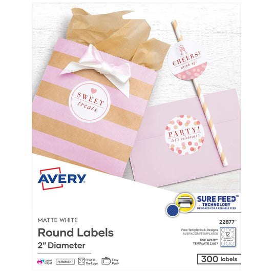 Avery Printable Round Labels with Sure Feed, 2" Diameter, Matte White, 300 Customizable Labels (22877) 8.5" x 11" 300 labels