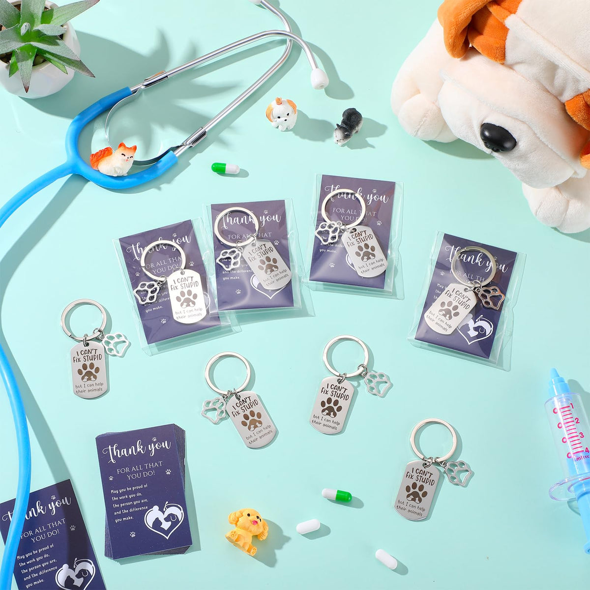 XunYee 15 Sets Vet Tech Week Gifts Bulk Veterinary Thank You Cards Keychain