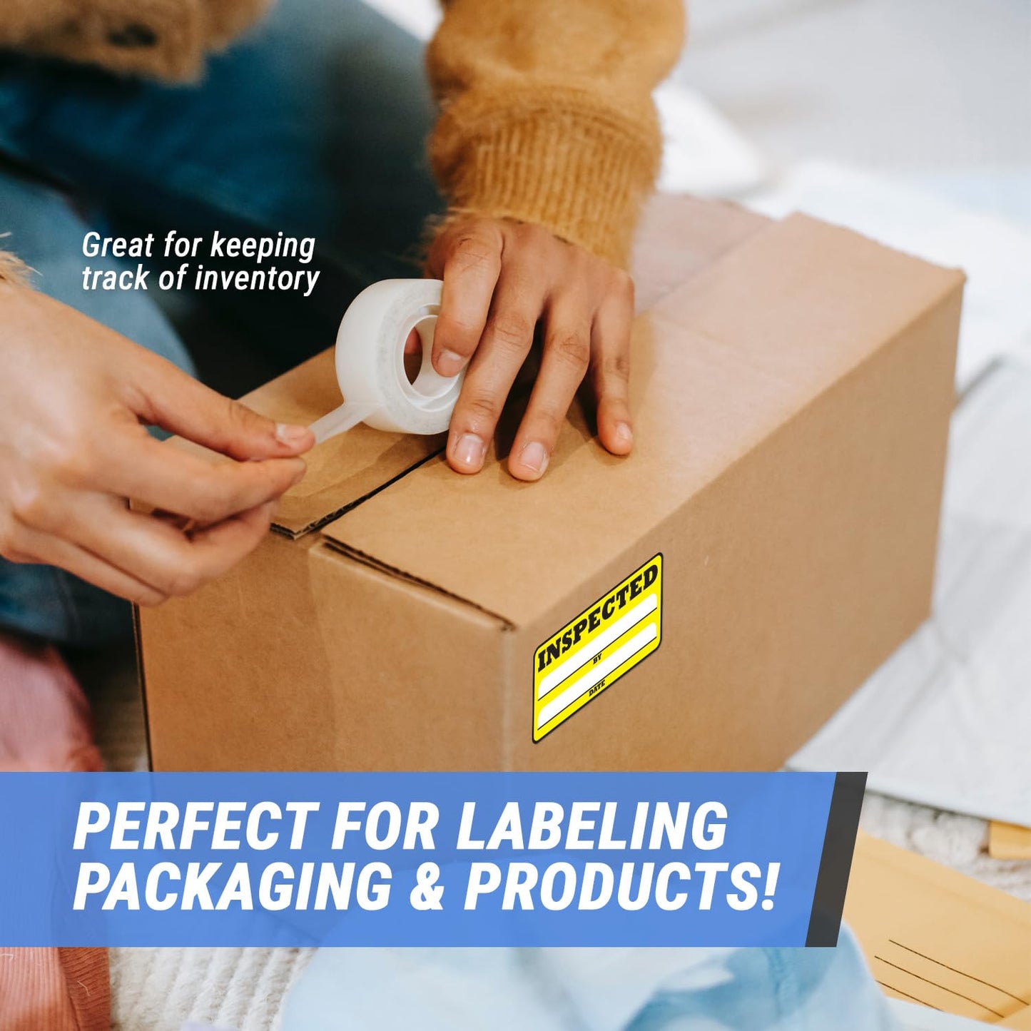 Inspection Stickers (3 x 1.5 inch, Rectangular, Yellow - 1200 Labels) Inspection Stickers with Writable Space By & Date for Inventory, Quality Control, Warehouse, Shipping & Handling - Strong Adhesive 4 Rolls