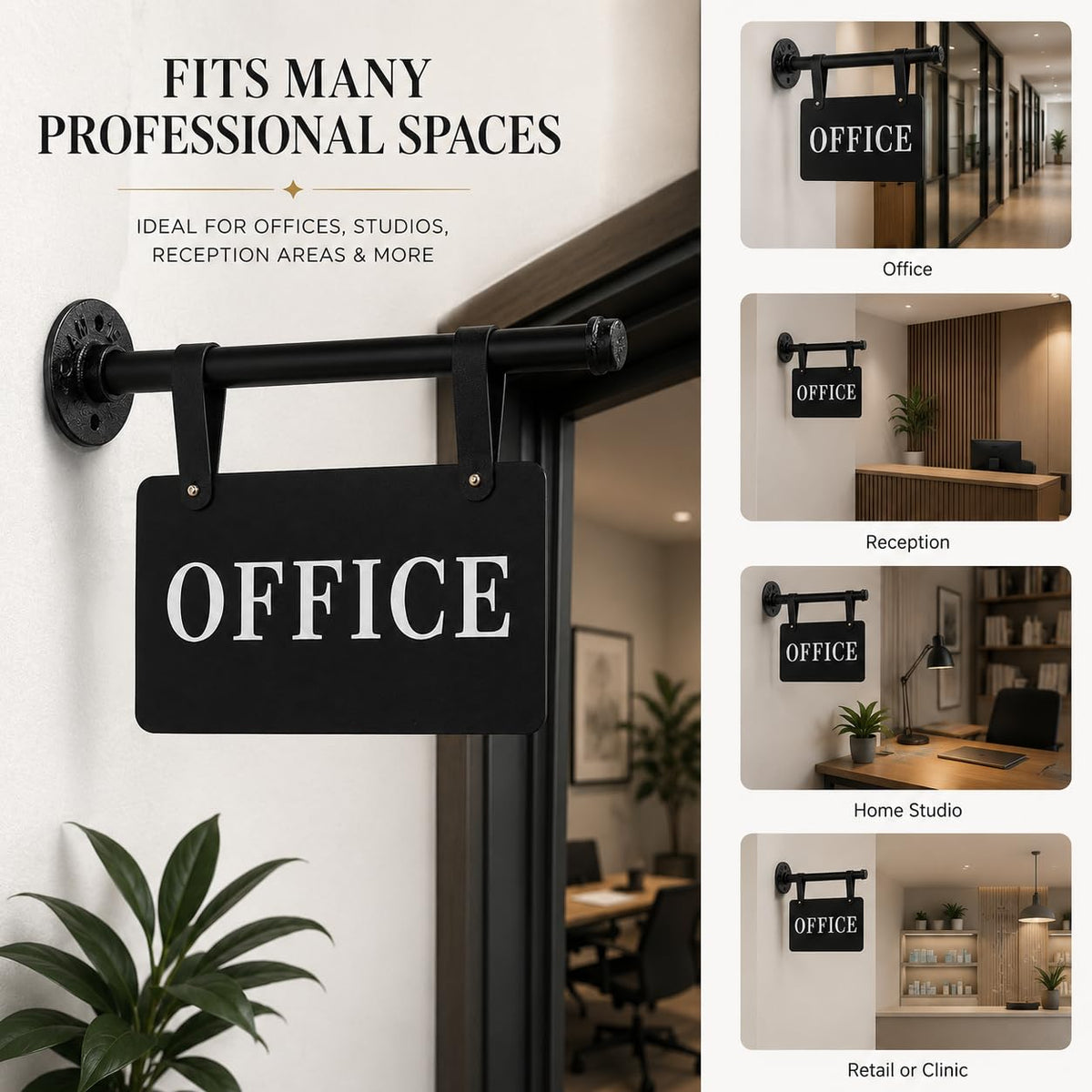 Double Sided Office Sign for Wall Decor with Black Hanging Bracket