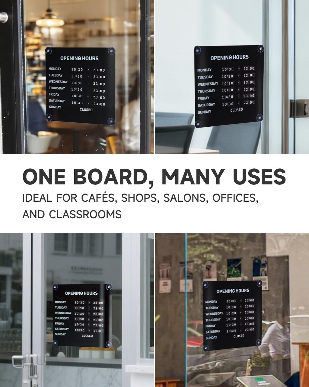 Magnetic Business Hours Sign, Changeable Store Hours Board for Glass Door Black 10.24 x 10.24 " Full Sign Set