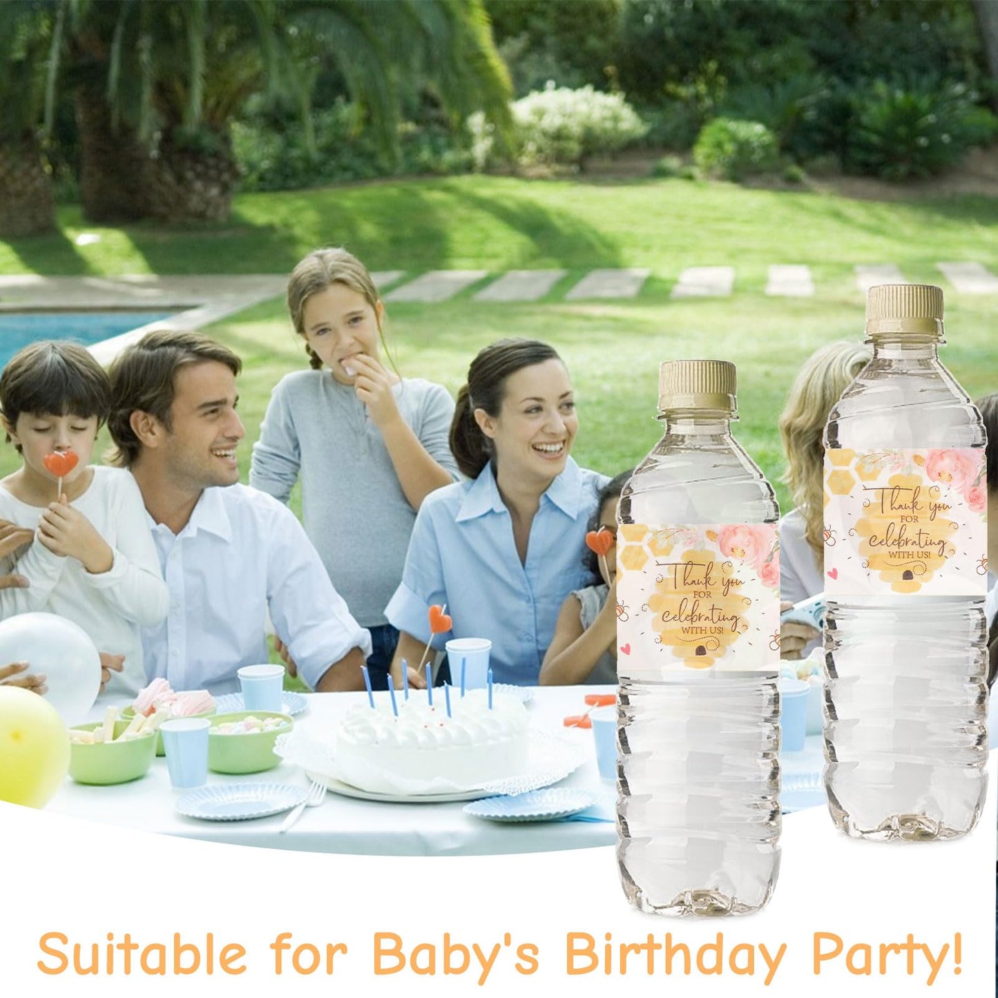 48 PCS Bee Theme Bottle Labels, Thank You for Celebrating with Us Party Decorations Bee Birthday Self-Adhesive Stickers for Water Bottle with Little Bumble Bees 48pcs