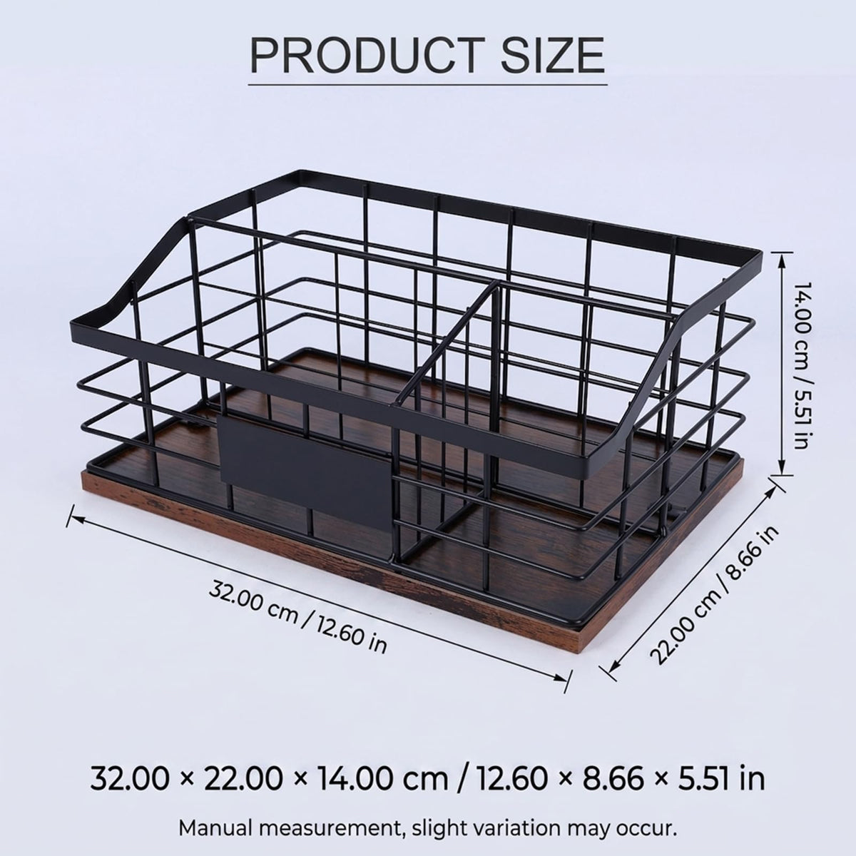 3-Compartment Metal Snack Organizer for Countertop, Snack Basket with Wooden Base and Pen, Chip and Candy Storage Bin for Kitchen Pantry and Snack Bar Station, Black