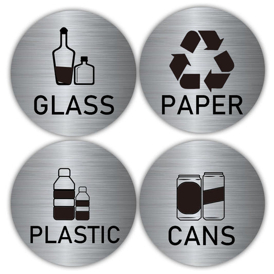 Recycle Stickers for Trash Cans Stainless Steel Style Vinyl Recycling Bin Labels 4 inch Recycling Sticker Sign for Use in Home and Office Indoor/Outdoor Use(12 Pack)