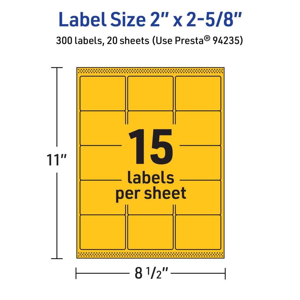 Avery Printable Rectangle Labels, Sure Feed Technology, 2" x 2-5/8", Bright Yellow Labels, Laser/Inkjet Printable, 300 Total, Great for Mailing 300 labels
